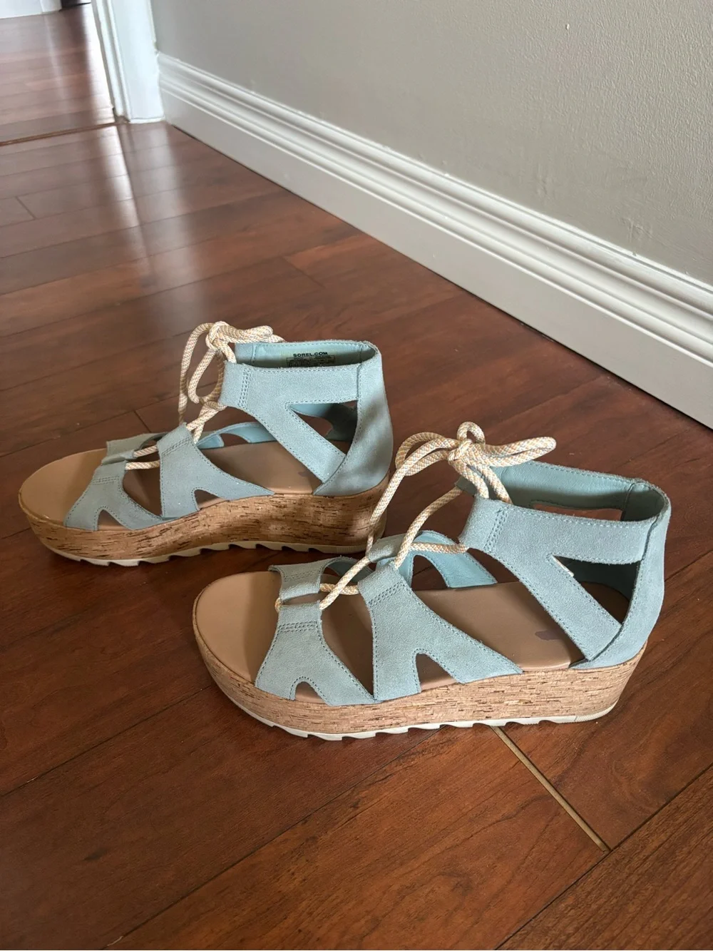 Sorel Mint Blue Lace-Up Cork Wedge Sandals